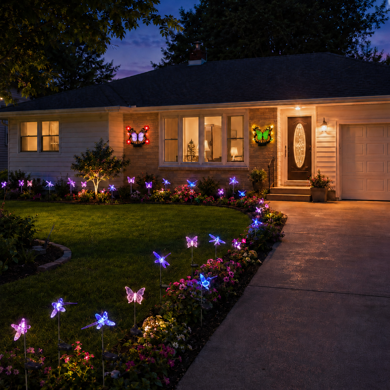 Solar butterfly wall lights and assorted stake lights across a wide front-yard flower bed