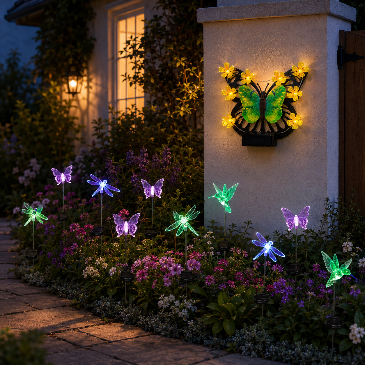 Solar butterfly wall light and assorted stake lights guiding a garden path by a gate