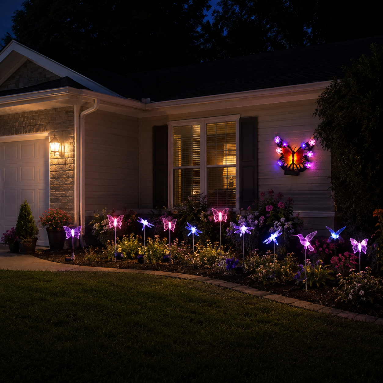 Solar butterfly wall light and assorted stake lights glowing across a front flower bed at night