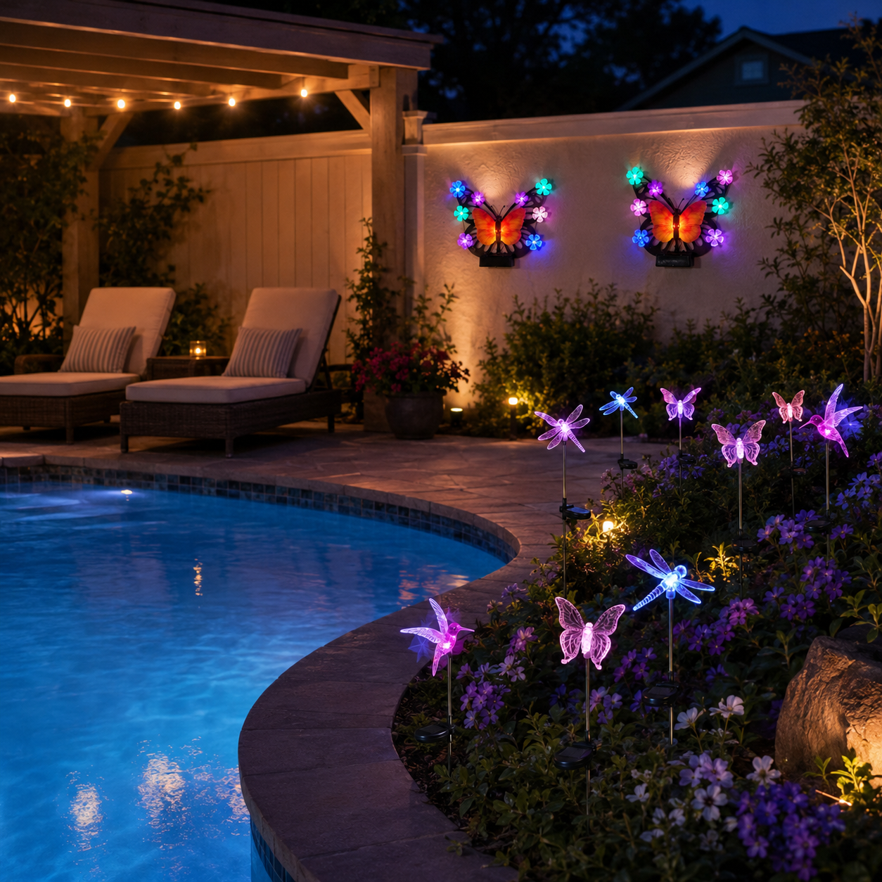 Solar butterfly wall lights and assorted stake lights around a poolside flower bed