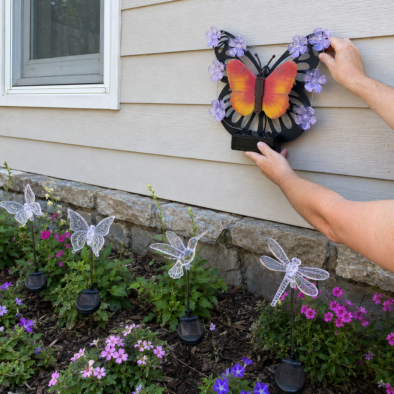 Hands positioning a rainbow butterfly wall light on exterior siding above unlit animal-shaped stake lights.