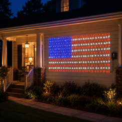 solar patriotic firework lights glowing red white and blue in porch patio yard and garden