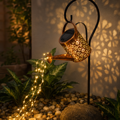 solar watering can waterfall light glowing in flower bed garden path and patio corner