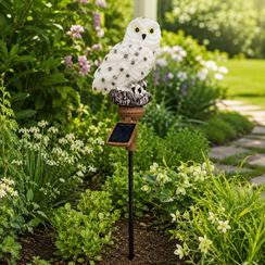 solar owl garden stake lights glowing in flower bed pathway patio and lawn