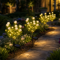 solar gardenia flower lights glowing in flower bed pathway patio and lawn at night