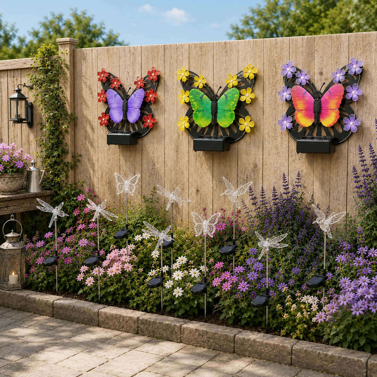 Daytime garden scene with three butterfly wall lights and nine unlit solar stake lights against a wooden fence.