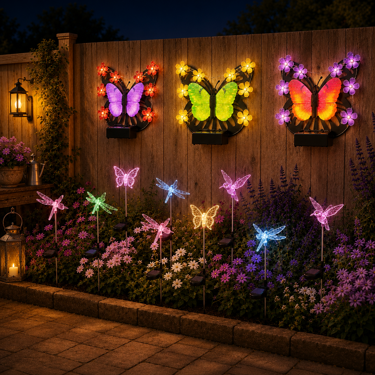 Night garden scene with three glowing butterfly wall lights and nine illuminated solar stake lights against a wooden fence.