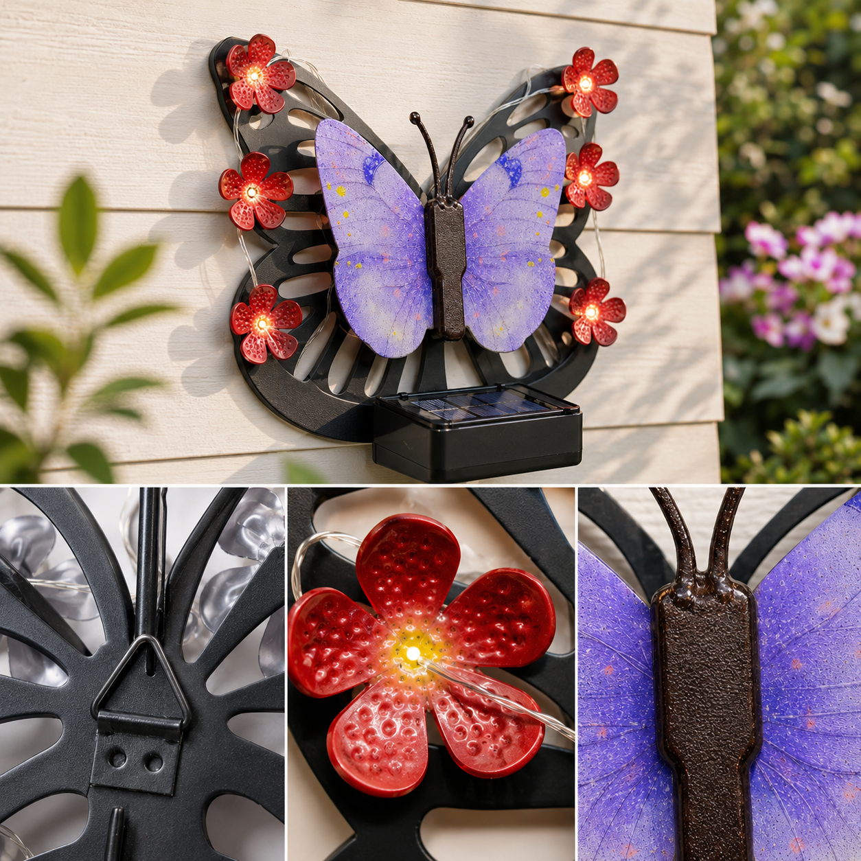 Purple butterfly wall light with close-ups of the hanging slot, red flower light, and butterfly body.