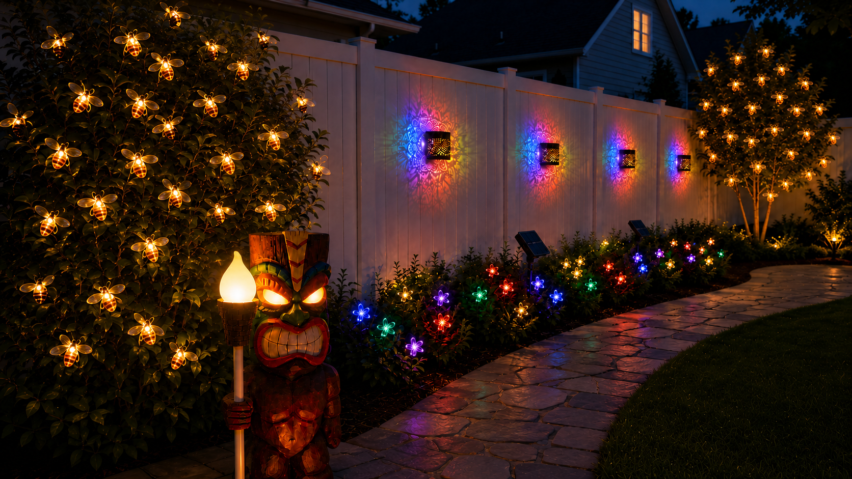 Night garden scene with Mandala wall projection lights and solar garden accents