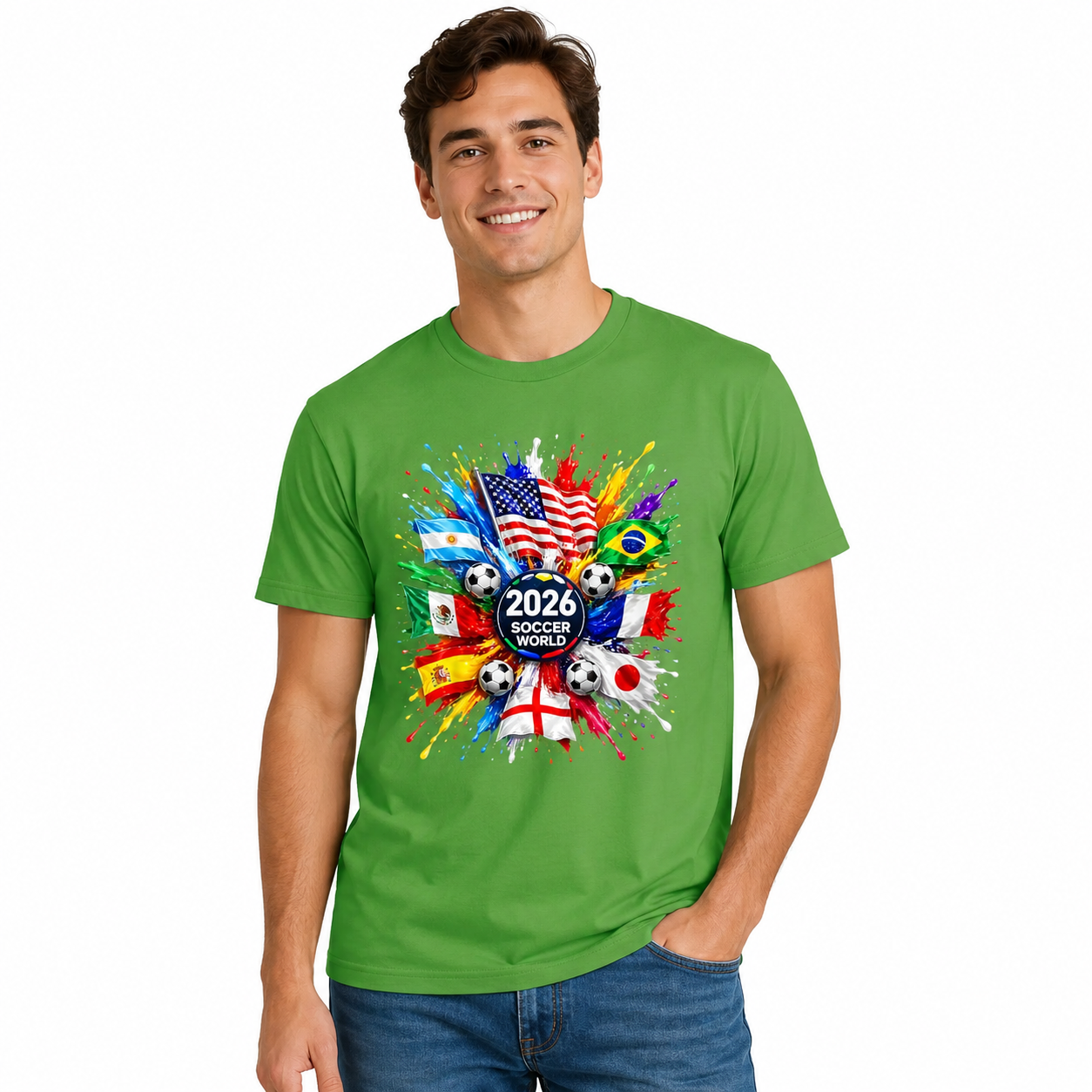 Men's World Flag Soccer Graphic Tee Worn Or Detail Scene 14
