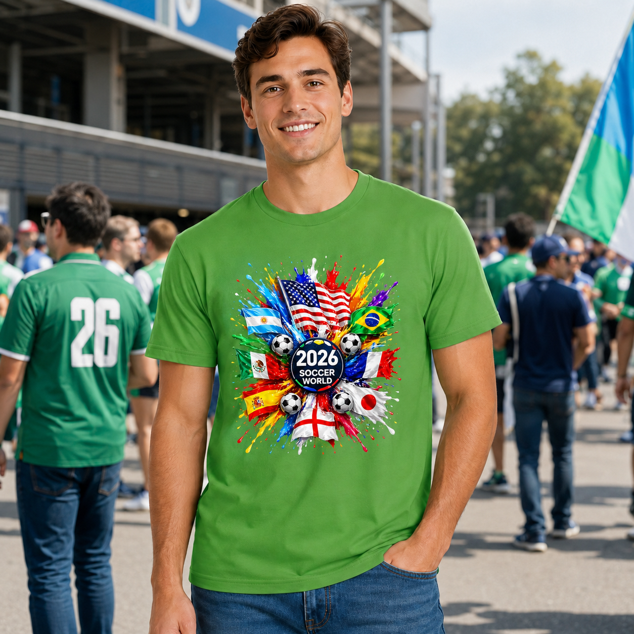 Men's World Flag Soccer Graphic Tee Worn Or Detail Scene 15