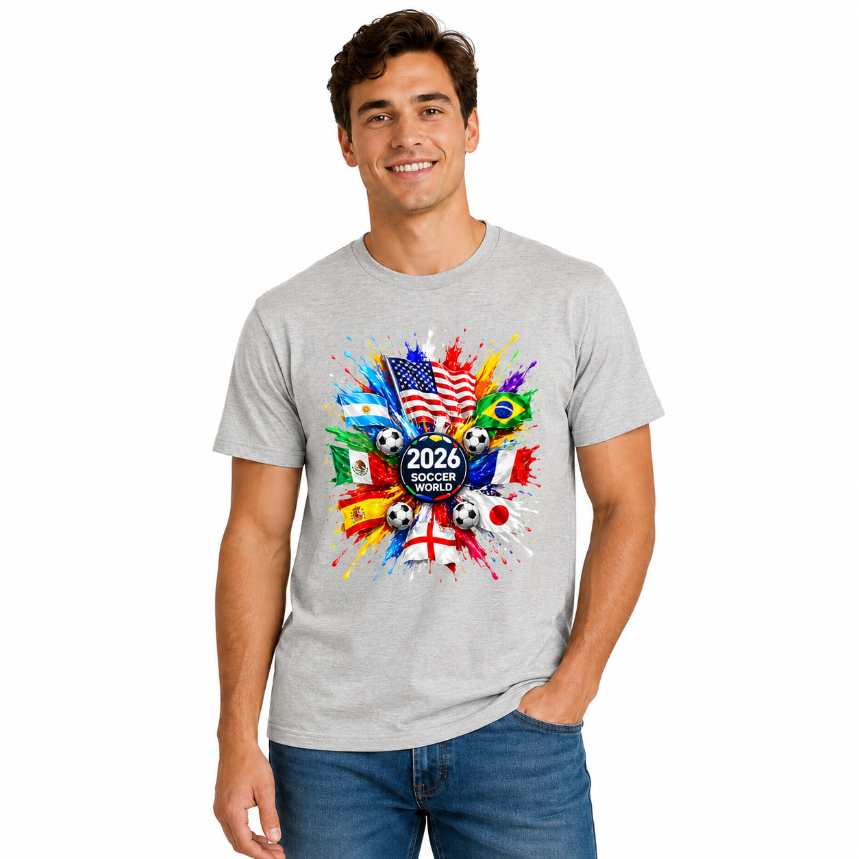 Men's World Flag Soccer Graphic Tee Worn Or Detail Scene 23