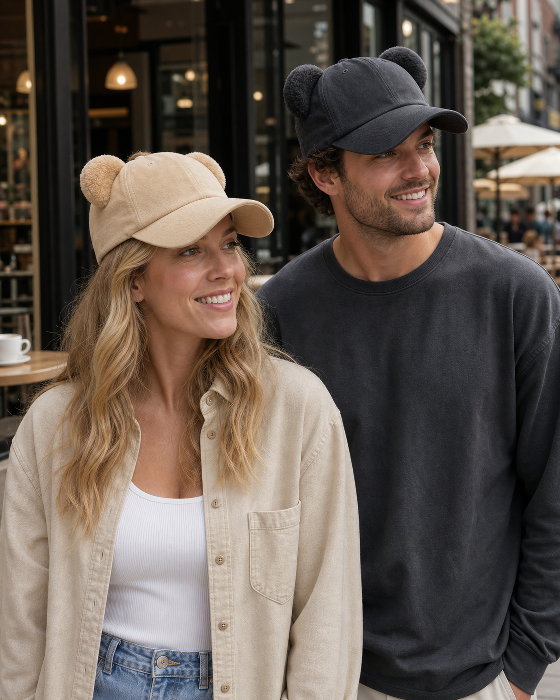 Orange Baseball Cap worn by Western model in a styling scene