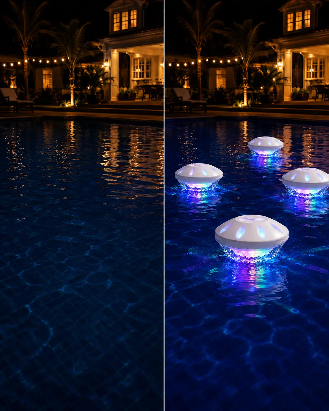 Pool before and after with floating RGB lights
