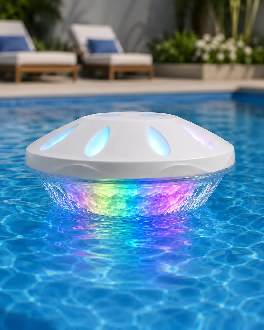 Floating RGB pool light close up in daytime pool water