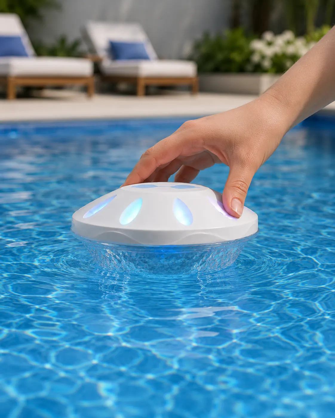 Hand placing a floating RGB pool light in water