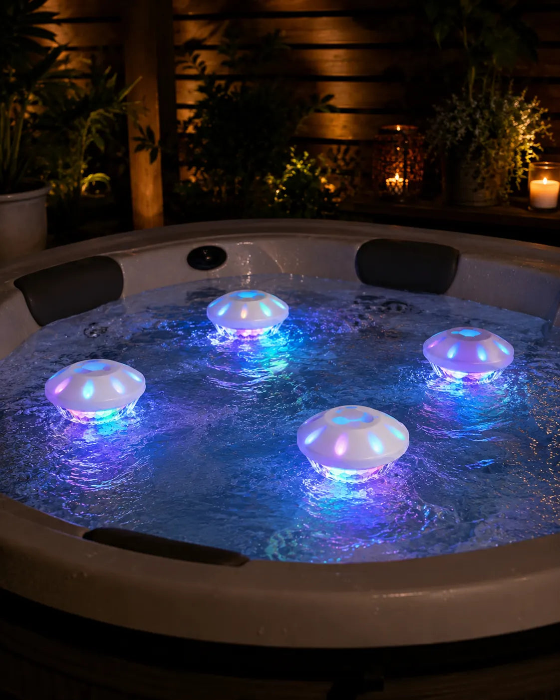Floating RGB lights in a hot tub at night