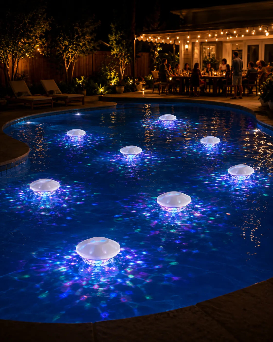 Backyard pool party with floating RGB pool lights