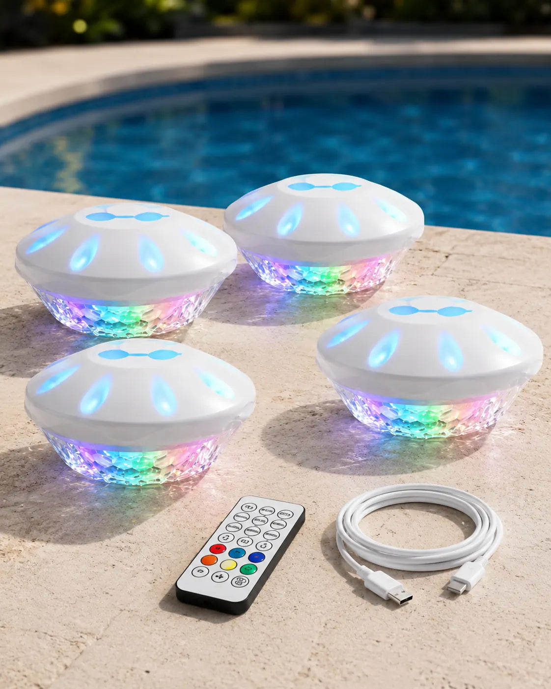 Floating RGB pool light set with remote and charging cable