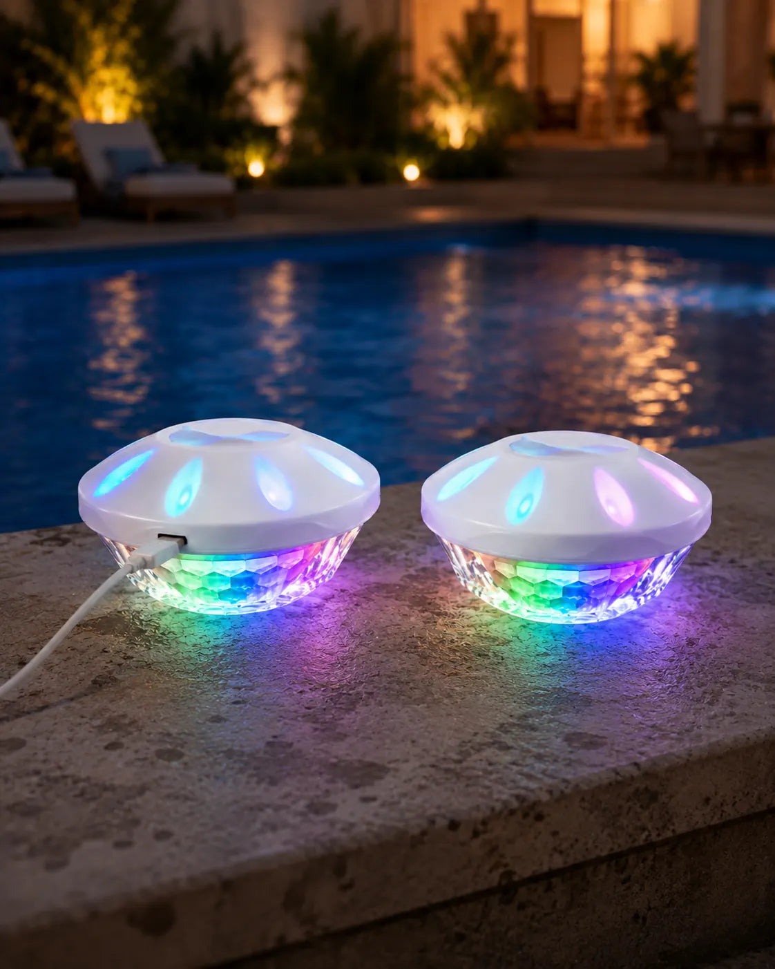 USB-C rechargeable floating pool lights by pool edge