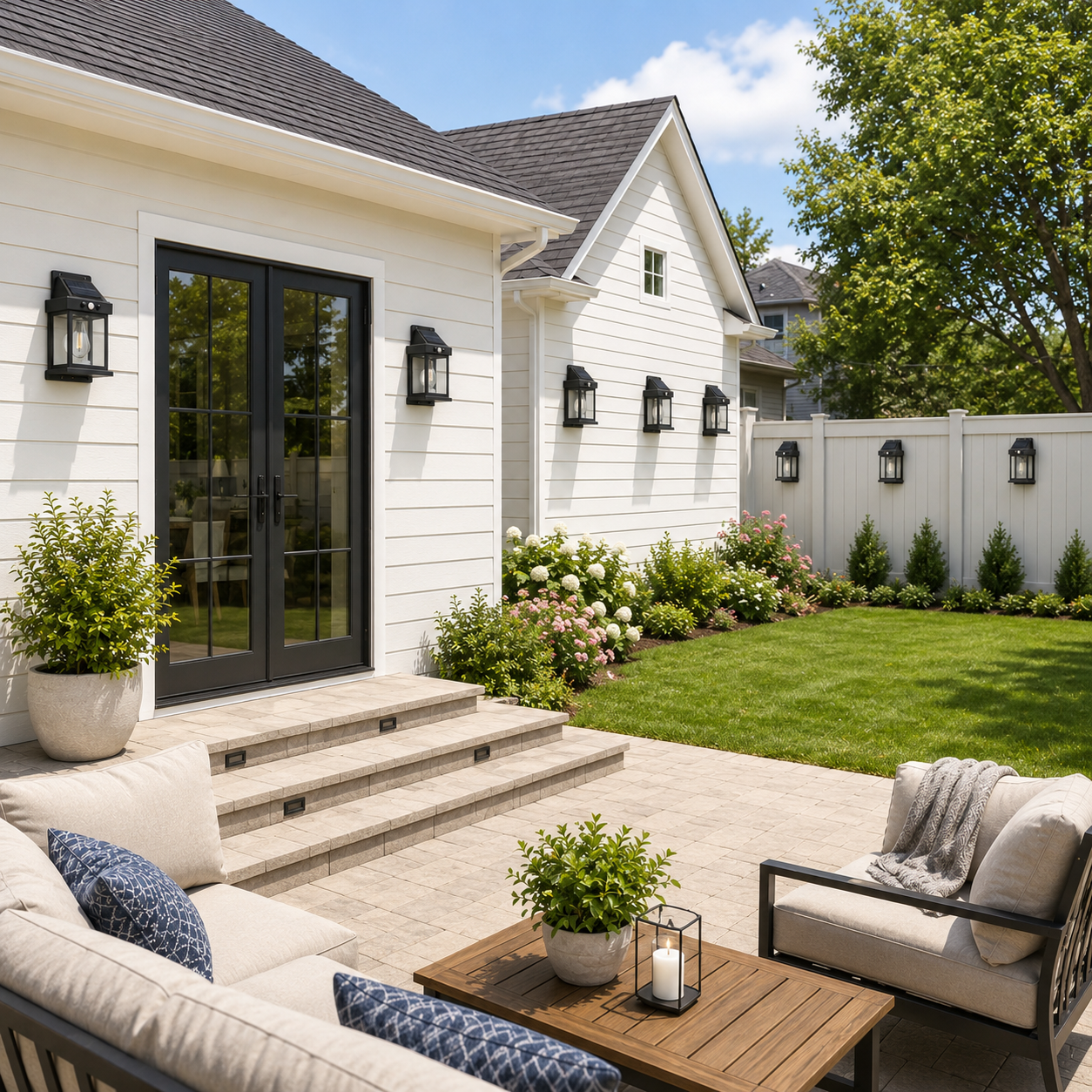 Black solar motion sensor wall lanterns mounted on a white home and fence in daylight