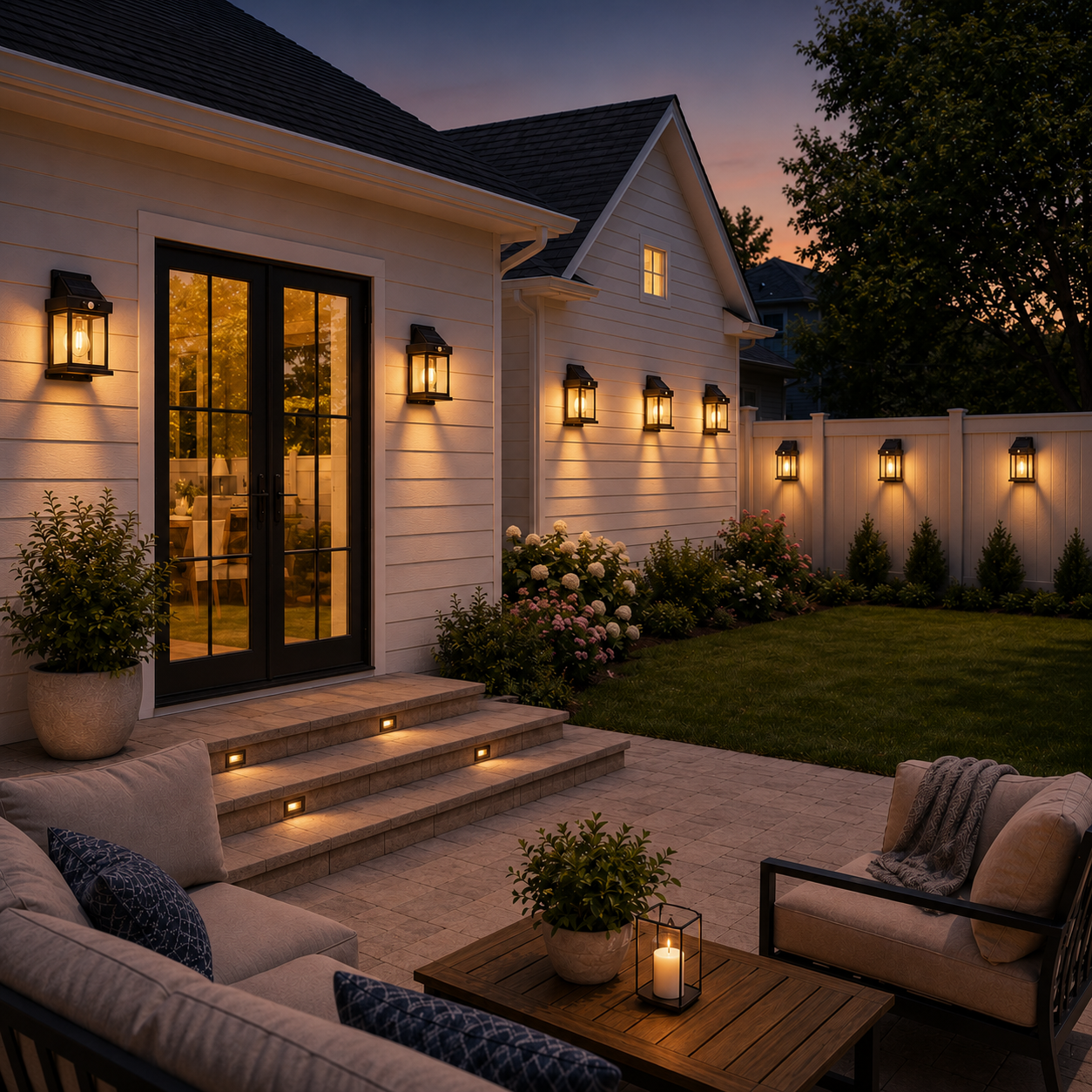 Warm solar motion sensor wall lanterns lighting the same patio and fence after dark