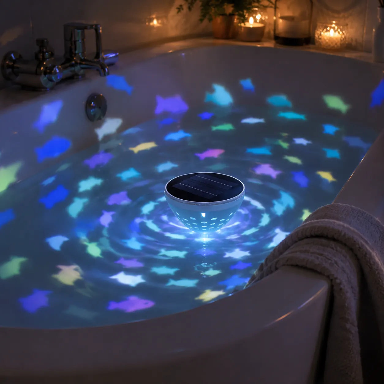 Solar floating light casting fish reflections in a bathtub