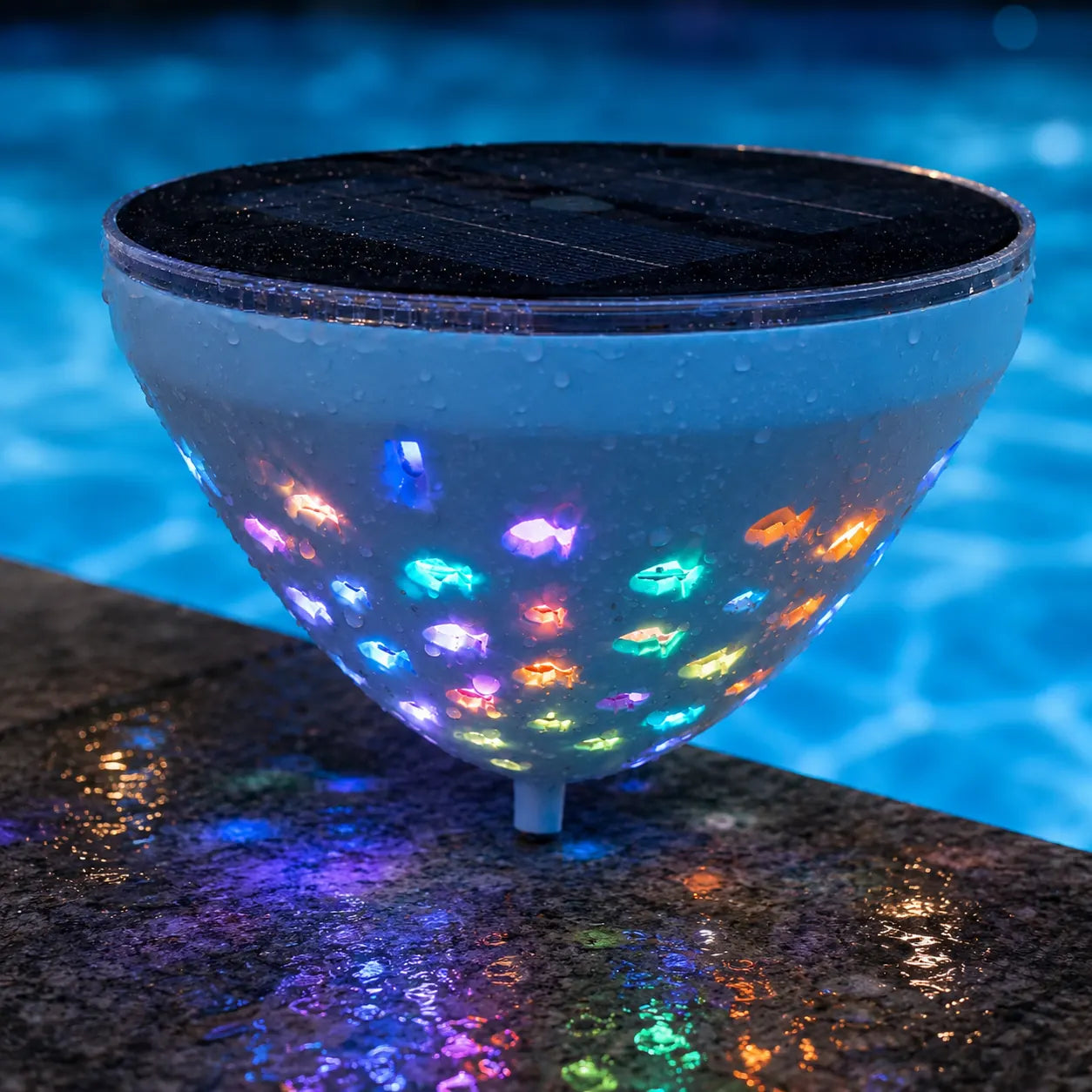 Close detail of solar floating pool light with colorful fish cutouts
