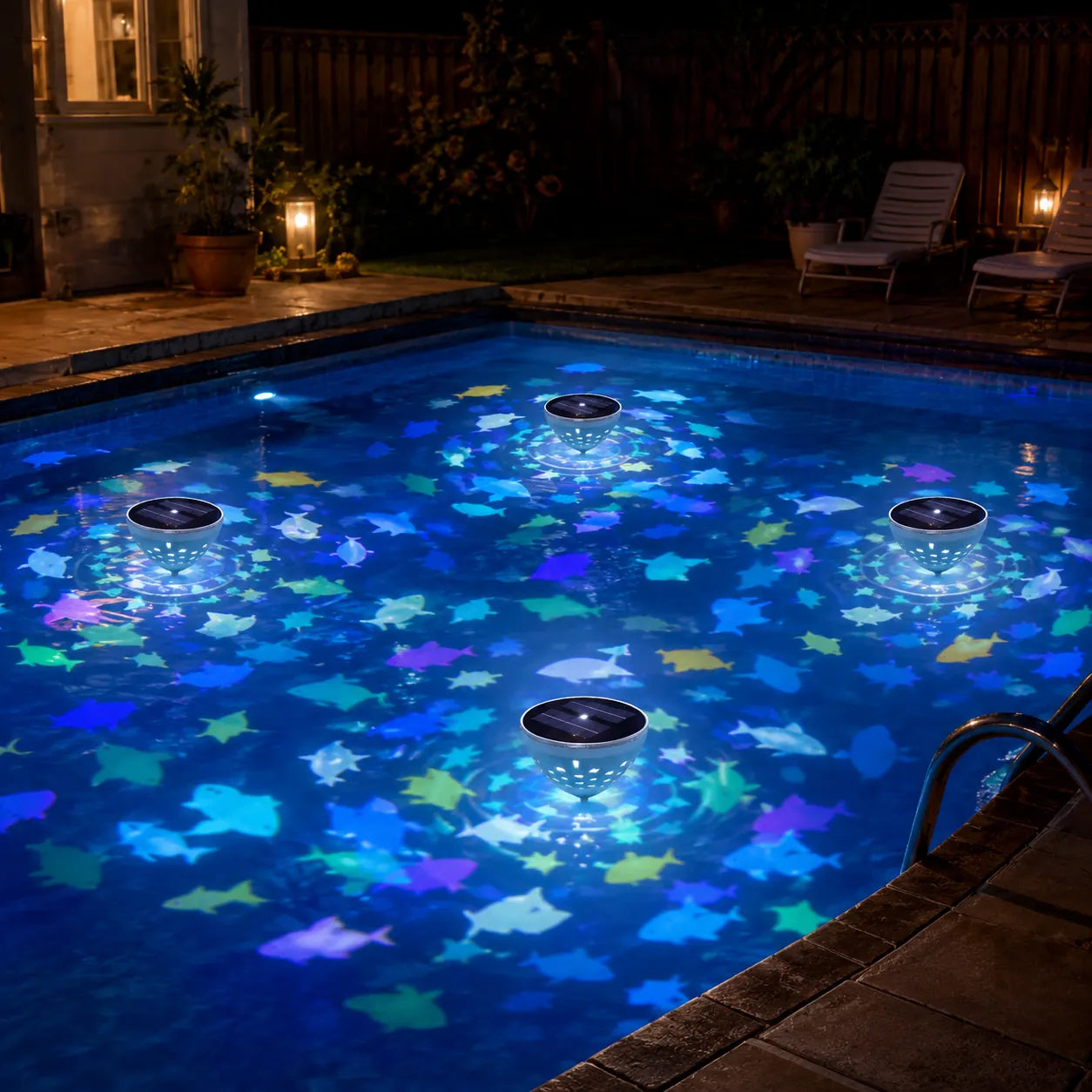 Four solar floating pool lights spreading colorful reflections at night