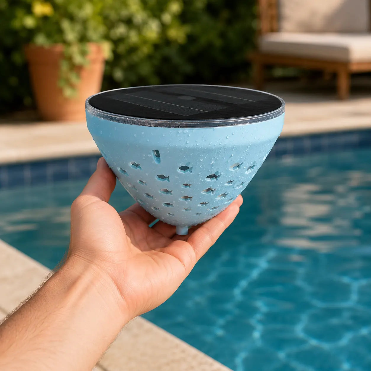 Hand holding solar floating pool light to show size