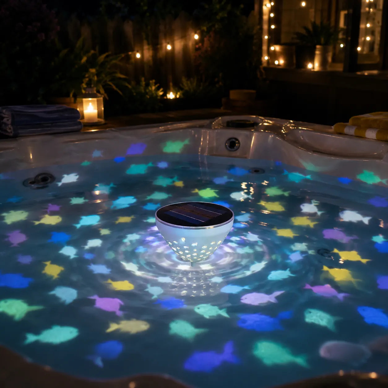 Solar floating pool light creating fish reflections in a hot tub