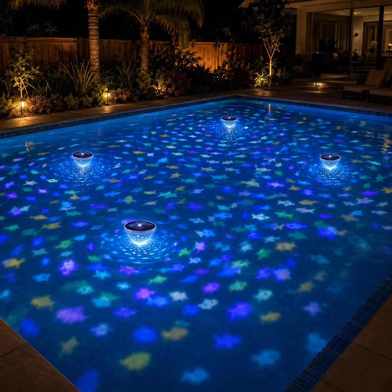 Solar floating pool lights casting colorful fish reflections across a pool