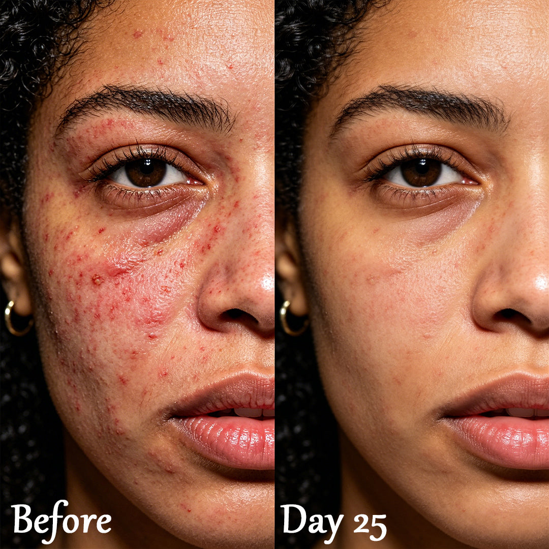Before and day 25 skin cue for red-looking reactive skin